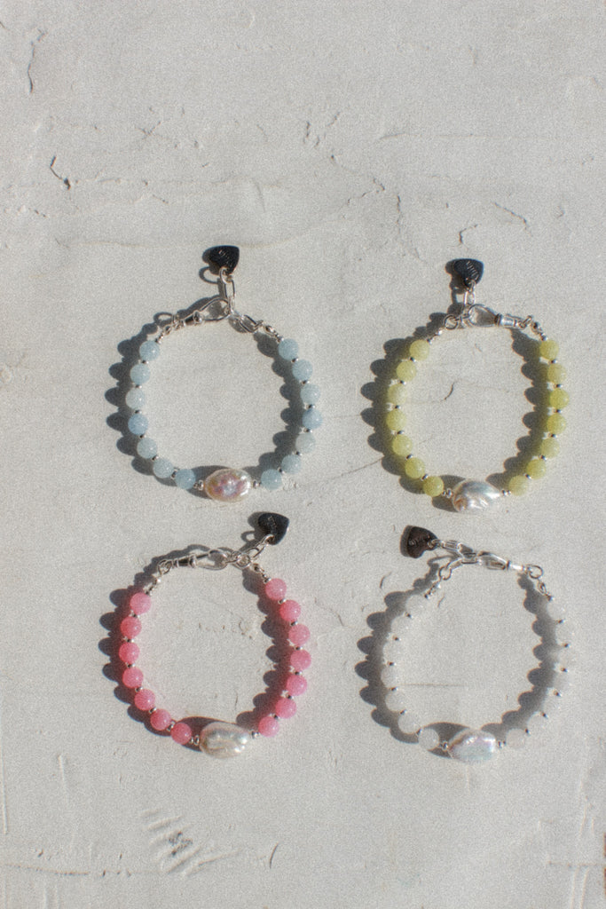 Handmade pearl bracelets in 4 colours with jade beads and sterling silver, Alula  Collections Sterling Silver jewellery.