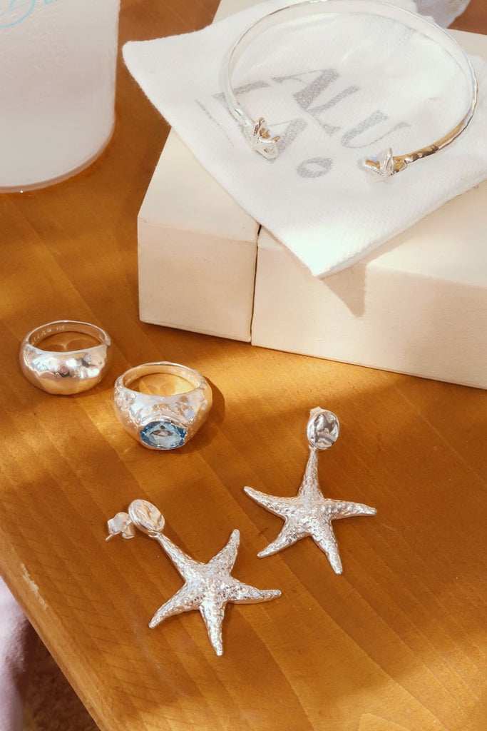 Alula Luxe collection in 925 sterling silver – bold ocean-inspired statement earrings, rings and bangle, originated in Salcombe, Devon by Alula Collections Jewellery.