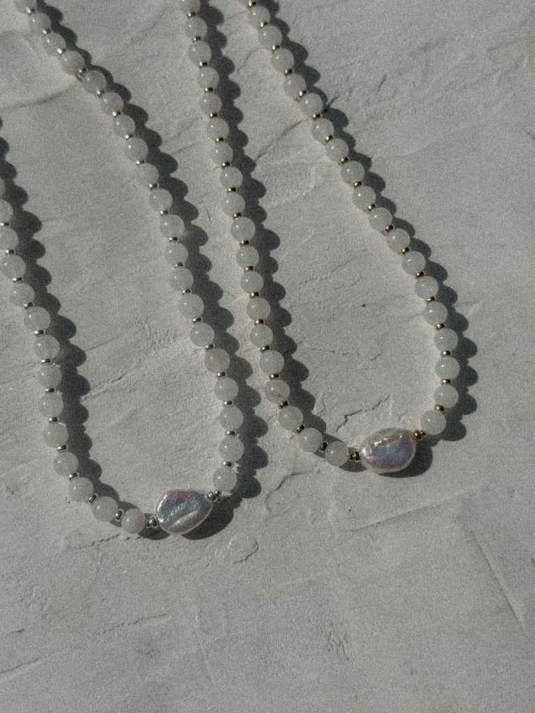 Limited edition Lemon Ice necklace with gold filled spacers and keshi pearl. Handmade in Salcombe, Devon by Alula Collections Jewellery.