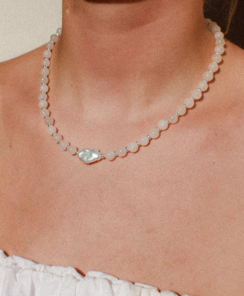 Limited edition Lemon Ice necklace with sterling silver spacers and keshi pearl. Handmade in Salcombe, Devon by Alula Collections Jewellery.
