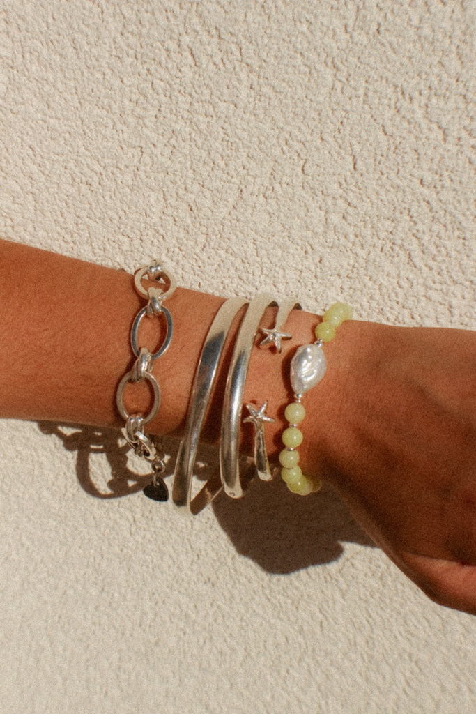 Handmade pearl bracelet in Lime Fizz with jade beads and sterling silver, Alula  Collections jewellery, Salcombe, Devon.