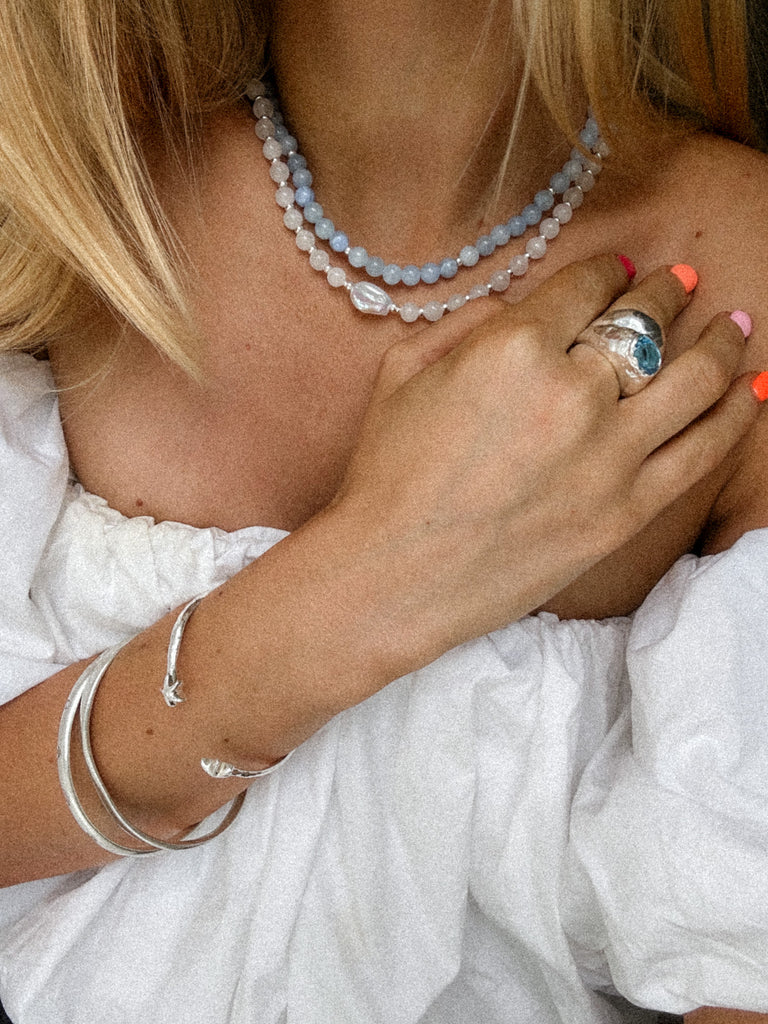 Limited edition Lemon Ice and blueberry punch necklace with sterling silver spacers and keshi pearl. Handmade in Salcombe, Devon by Alula Collections Jewellery.
