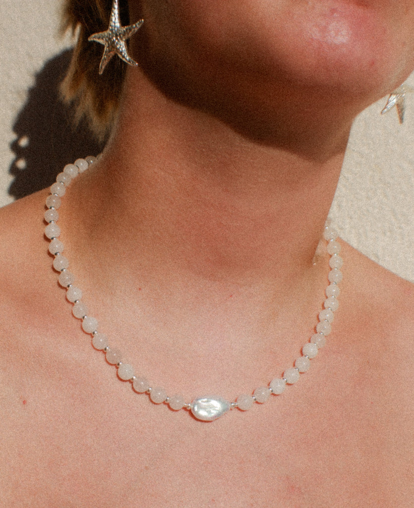 Limited edition Lemon Ice necklace with sterling silver spacers and keshi pearl. Handmade in Salcombe, Devon by Alula Collections Jewellery.