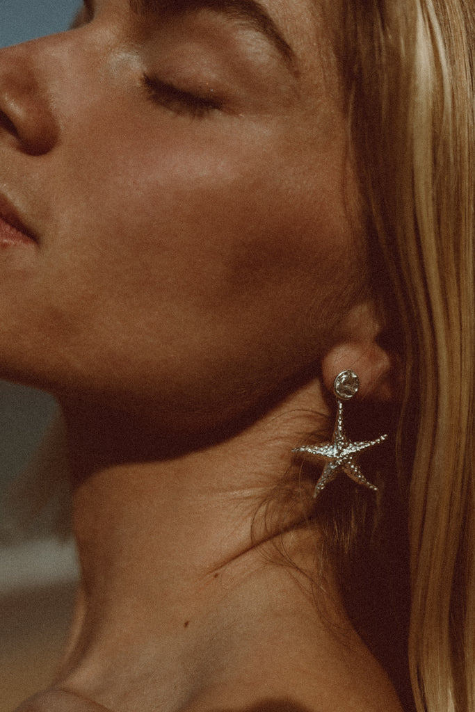 Alula Luxe starfish earrings in 925 sterling silver – bold ocean-inspired statement studs, originating in Salcombe,Devon.