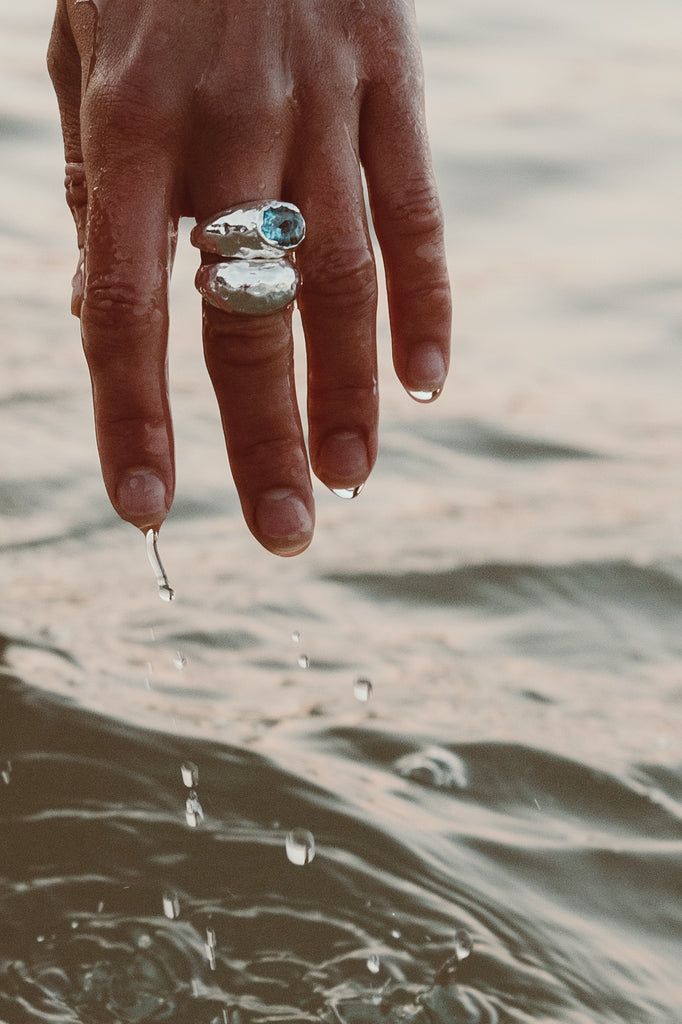 Swiss Blue Topaz ring set in chunky 925 sterling silver. Originated in Salcombe by Alula Collections Jewellery.