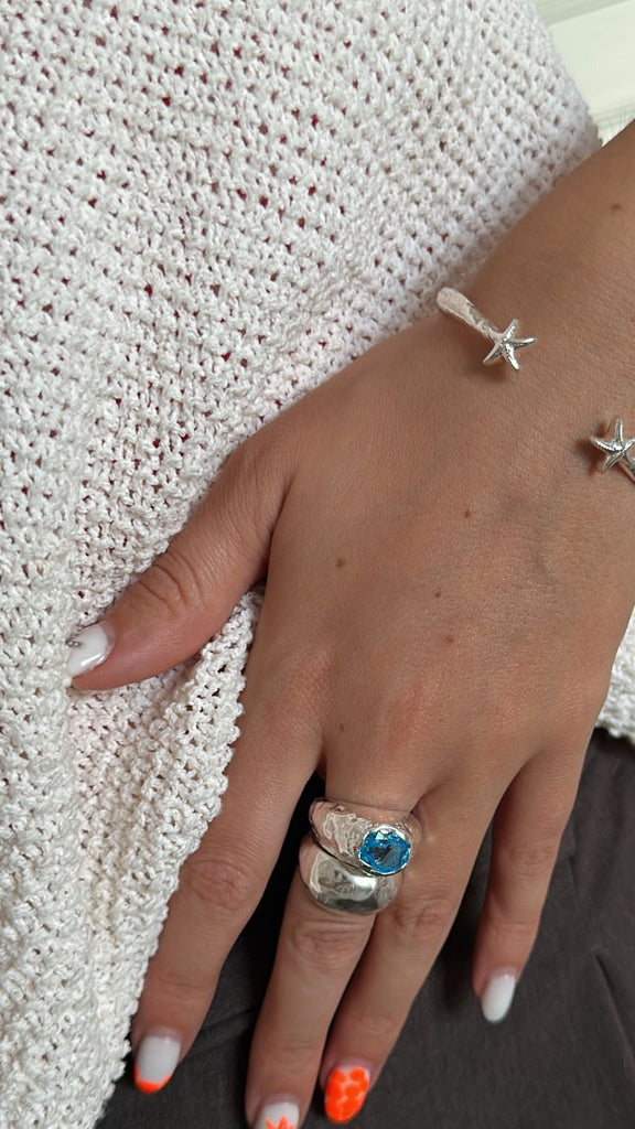 Ocean-inspired sterling silver ring with bold blue gemstone, Alula Luxe collection