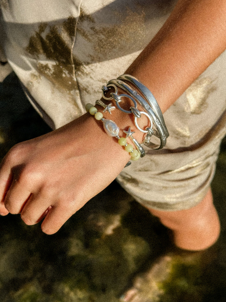 Handmade pearl bracelet in Lime Fizz with jade beads and sterling silver, Alula jewellery