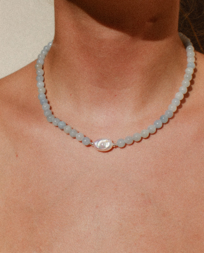 Handmade pearl necklace in Blueberry Punch with jade beads and sterling silver, Alula Collections Jewellery, handmade in Salcombe, Devon.