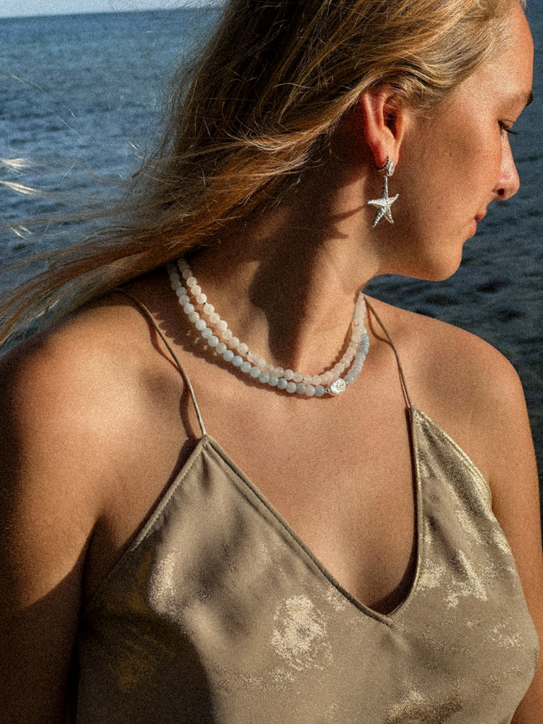Handmade pearl necklace in Blueberry Punch and lemon ice stacker with jade beads and sterling silver, Alula Collections Jewellery, handmade in Salcombe, Devon.