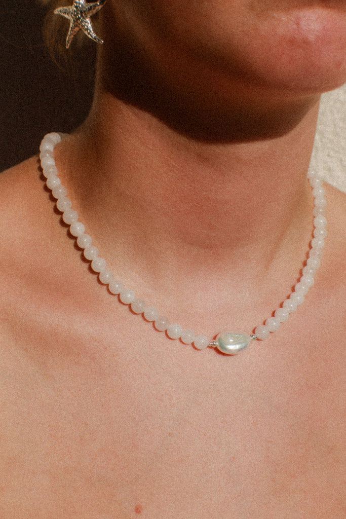 Handmade pearl necklace in Lemon Ice with jade beads and sterling silver, Alula Collections Jewellery, handmade in Salcombe, Devon.