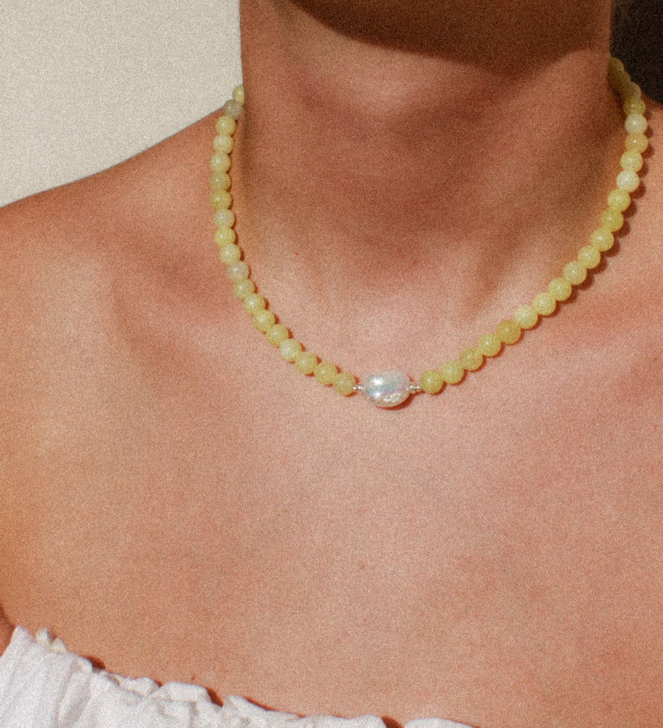 Handmade pearl necklace in Lime Fizz with jade beads and sterling silver, Alula Collections Jewellery, handmade in Salcombe, Devon.