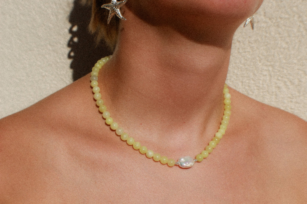 Handmade pearl necklace in Lime Fizz with jade beads and sterling silver, Alula Collections Jewellery, handmade in Salcombe, Devon.