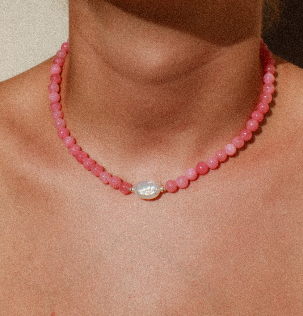 Handmade pearl necklace in Raspberry Sorbet with jade beads and sterling silver, Alula Collections Jewellery, handmade in Salcombe, Devon.