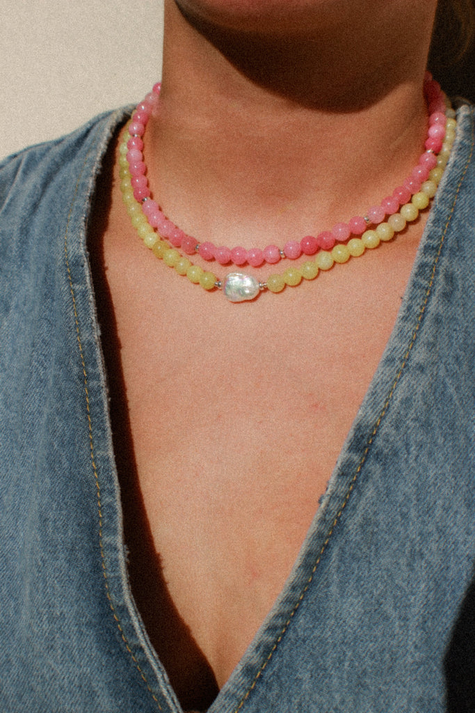 Handmade pearl necklace in Lime Fizz  and raspberry sorbet stacker necklace with jade beads and sterling silver, Alula Collections Jewellery, handmade in Salcombe, Devon.