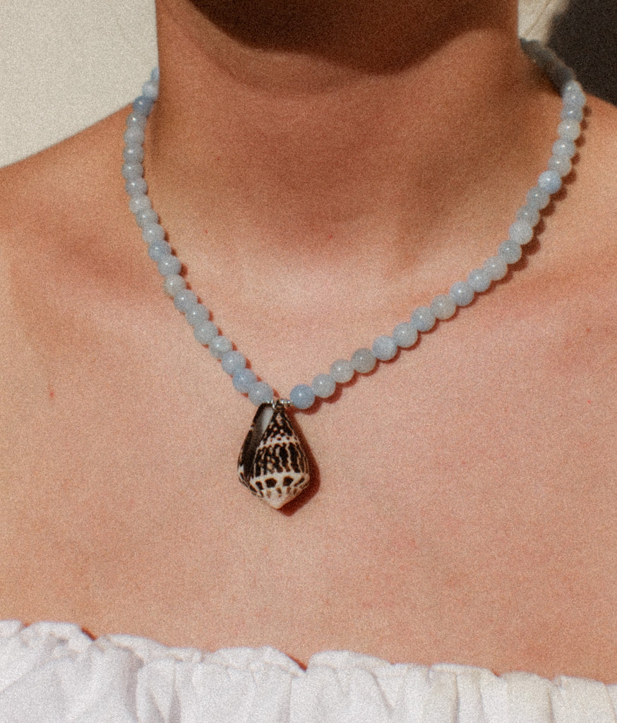 Speckled Cone shell necklace in Blueberry Punch with jade beads and sterling silver, handmade in Salcombe, Devon by Alula Collections Jewellery.