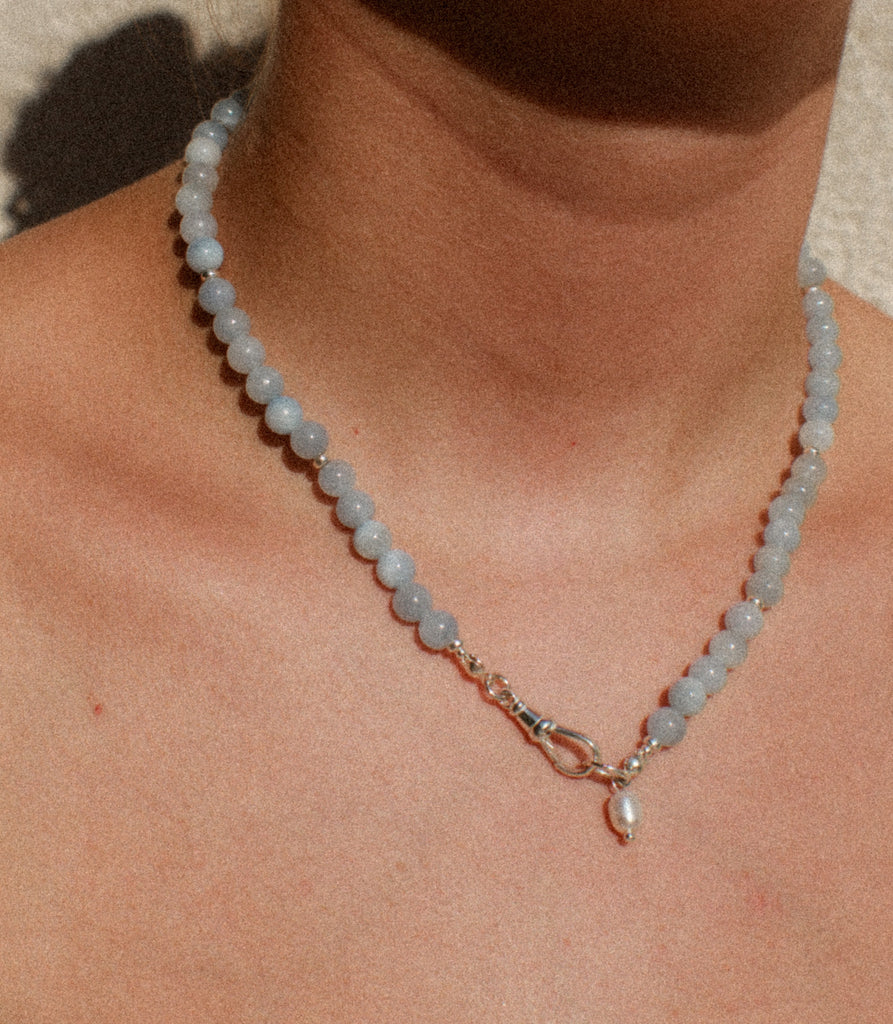 Handmade stacking necklace in Blueberry Punch with jade beads and sterling silver, Alula Collections Jewellery, handmade in Salcombe, Devon.