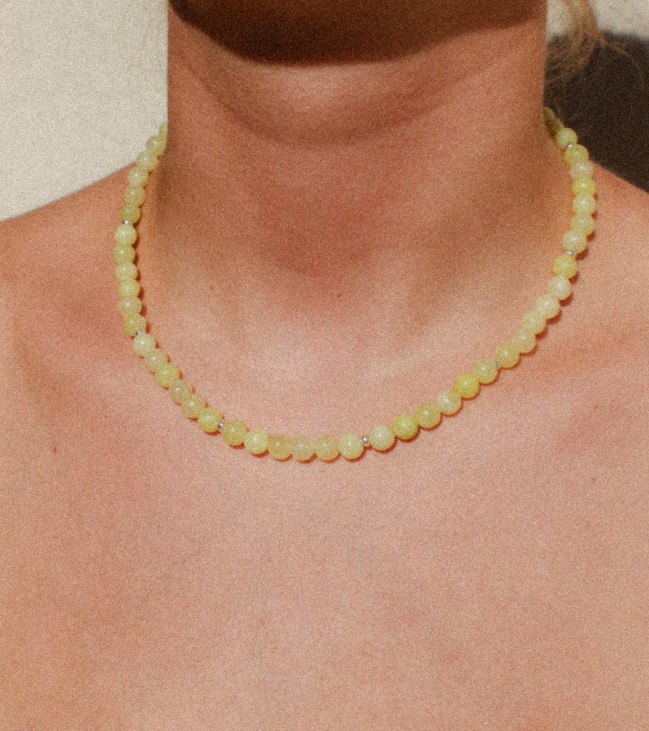 Handmade stacking necklace in Lime Fizz with jade beads and sterling silver, Alula Collections Jewellery, handmade in Salcombe, Devon.