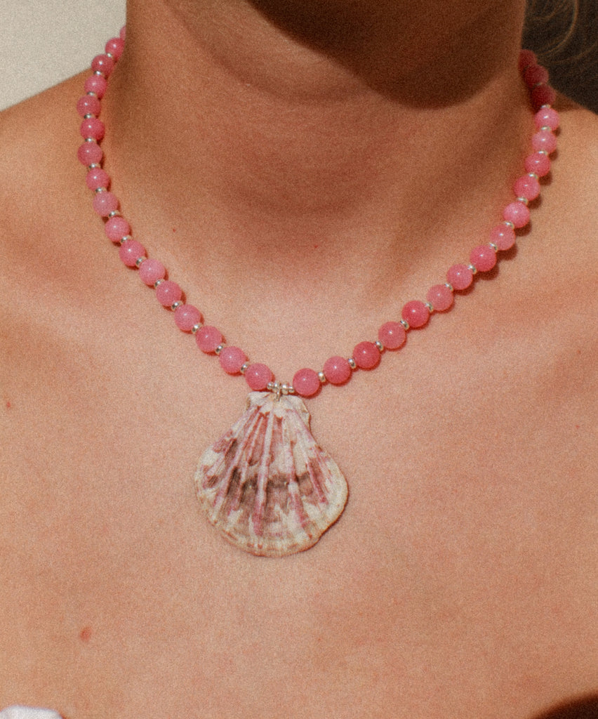 Strawberry Clam shell necklace in Raspberry Sorbet with jade beads and sterling silver, handmade in Salcombe, Devon by Alula Collections Jewellery.