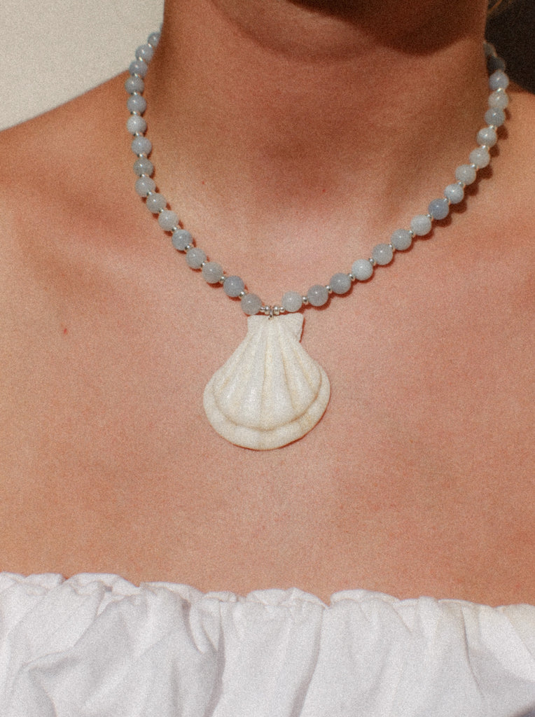 Vanilla Clam shell necklace in Blueberry Punch with jade beads and sterling silver, handmade in Salcombe, Devon by Alula Collections Jewellery.