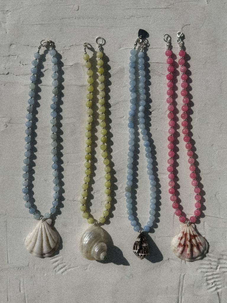 Handmade natural shell necklace in pink, white, blue, green with jade beads and sterling silver, handmade in Salcombe, Devon by Alula Collections Jewellery.
