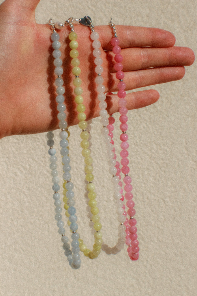 Handmade stacking necklace in 4 colours with jade beads and sterling silver, Alula Collections Jewellery, handmade in Salcombe, Devon.