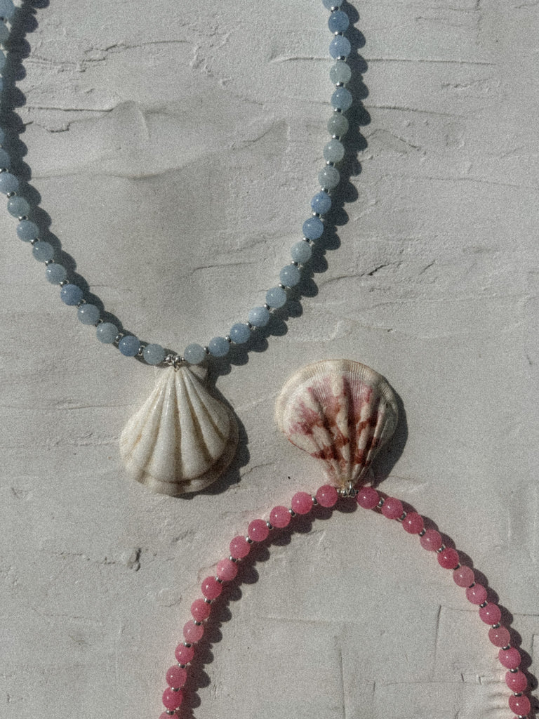Vanilla Clam shell necklace in Blueberry Punch and rasberry sorbey with jade beads and sterling silver, handmade in Salcombe, Devon by Alula Collections Jewellery.
