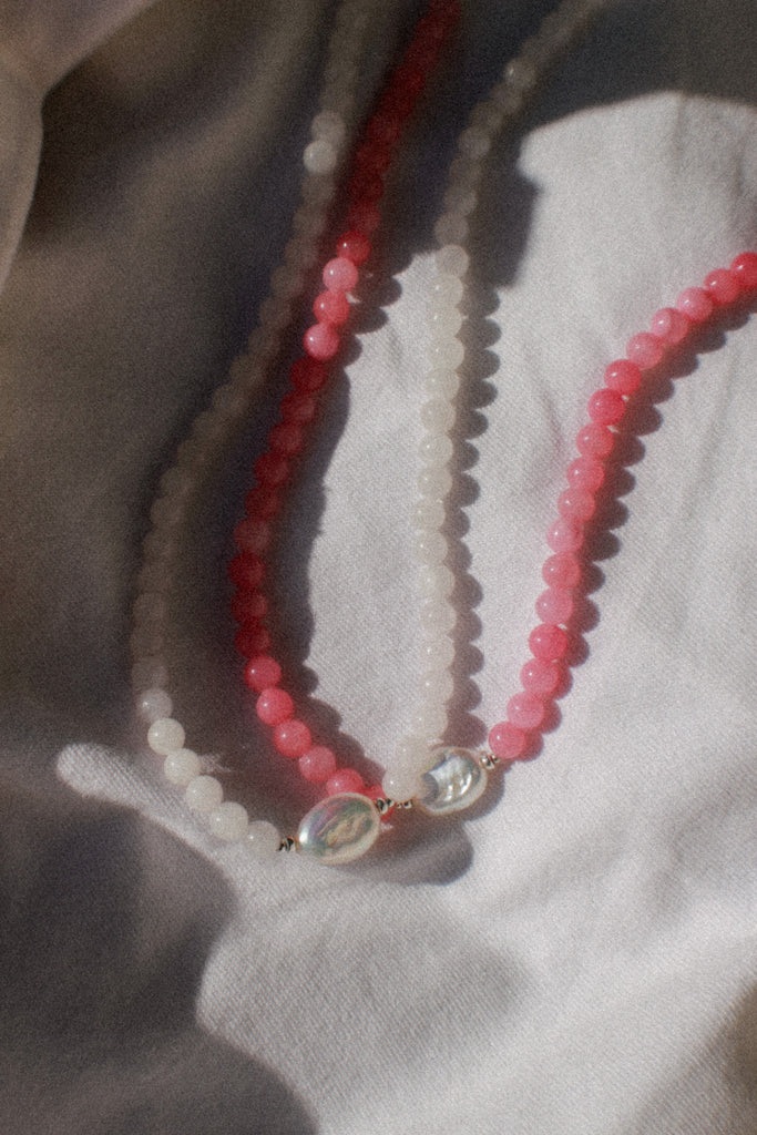 Handmade pearl necklace in Raspberry Sorbet  and lemon ice with jade beads and sterling silver, Alula Collections Jewellery, handmade in Salcombe, Devon.
